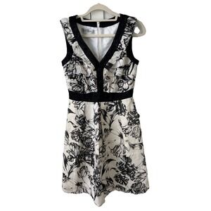 Kay Unger Black Floral Linen Dress Lined Ruffles Sleeveless Size 4 NICE